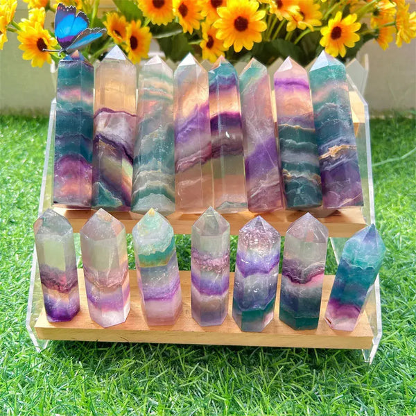 High Quality Factory price Crystal tower Polishing natural Product Rainbow Fluorite Point For gift for ornament