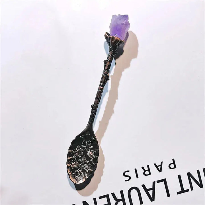 Natural Healing Gemstones Crystal Gold Plated Metal Spoon Silver Plated Crystal Teaspoon Amethyst Cluster Crafts On Top For Gifts Souv - Fairy healing crystal