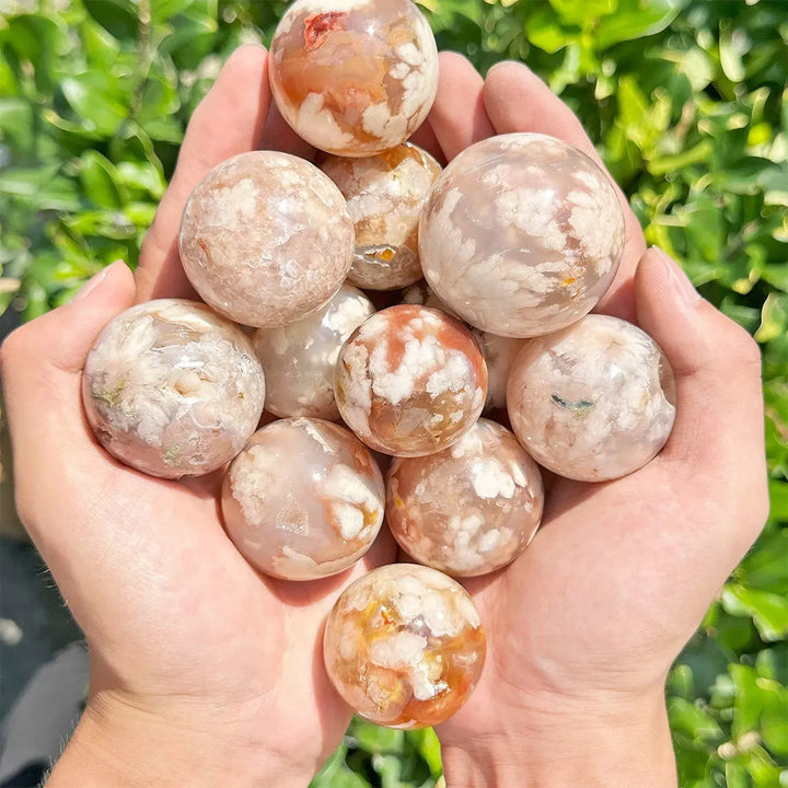 Wholesale Natural Hand Carved Gemstone Crystal Cherry Blossom Agate sphere Sakura Agate ball For Home Decoration Gifts - Fairy healing crystal