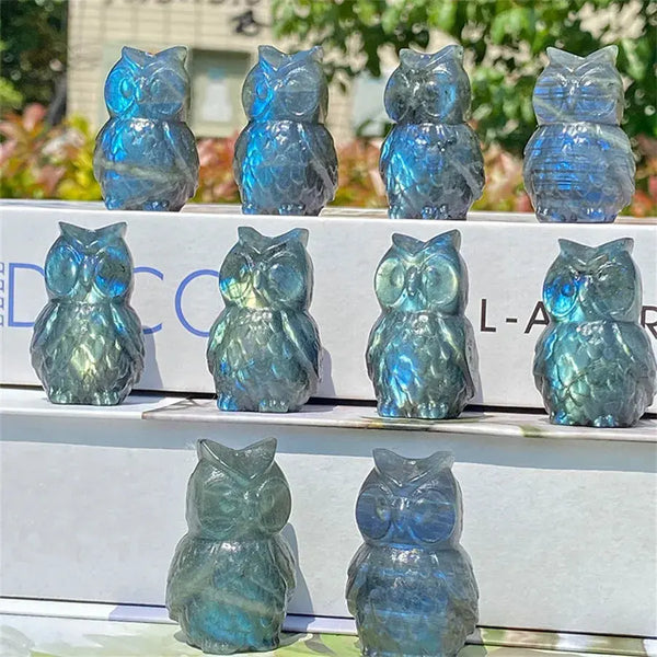 Natural Blue Labradorite Owl Hand Carved Crafts Crystal Healing Stones Decor Gifts