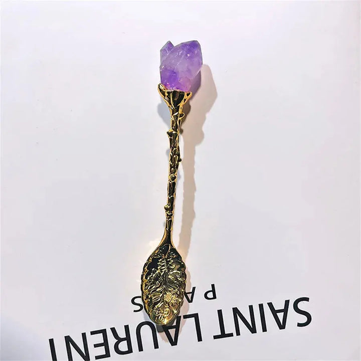 Natural Healing Gemstones Crystal Gold Plated Metal Spoon Silver Plated Crystal Teaspoon Amethyst Cluster Crafts On Top For Gifts Souv - Fairy healing crystal