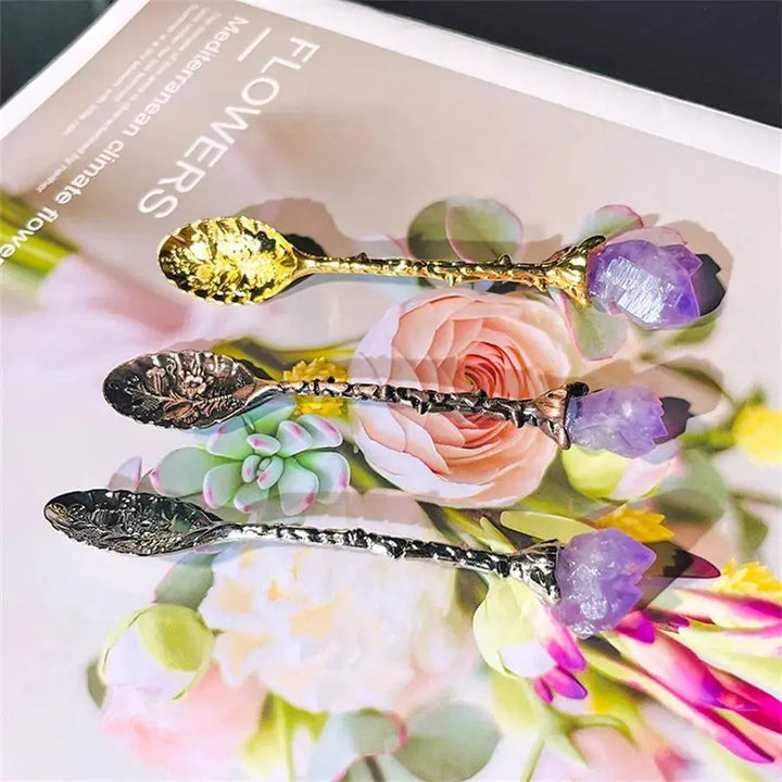 Natural Healing Gemstones Crystal Gold Plated Metal Spoon Silver Plated Crystal Teaspoon Amethyst Cluster Crafts On Top For Gifts Souv - Fairy healing crystal