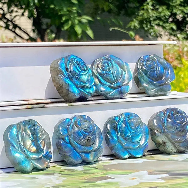 New arrivals high quality crystal crafts natural blue flash labradorite carving rose flowers for gifts - Fairy healing crystal