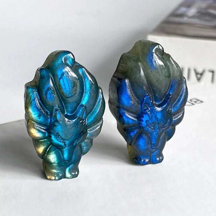 New arrivals high quality crystal crafts natural blue flash labradorite nine-tailed fox carving for gifts - Fairy healing crystal