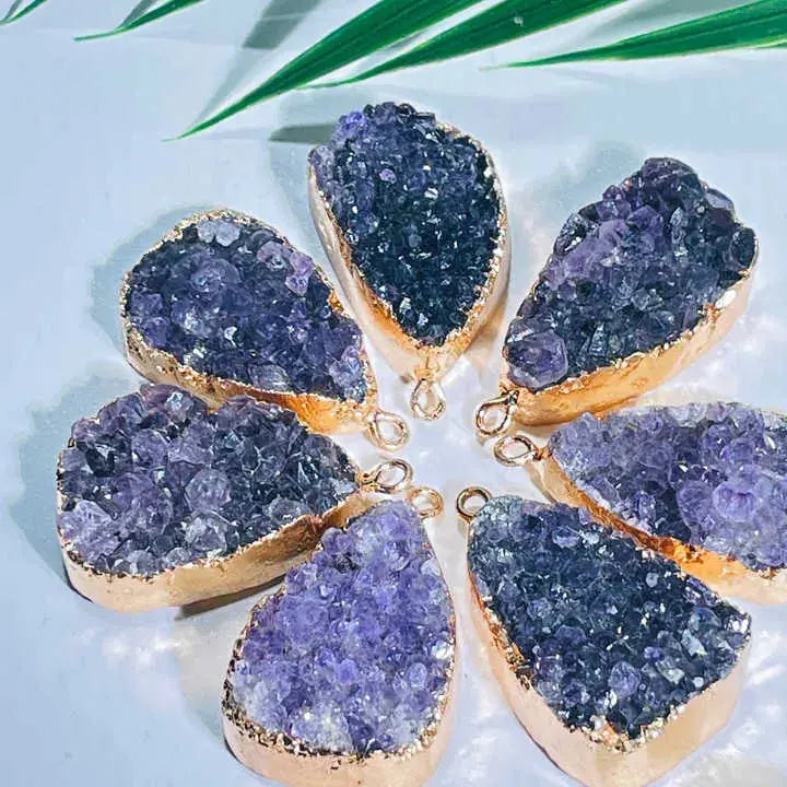 Natural Amethyst Clusters Pendant Silver Golden Color Edged Custom Shape Women Jewelrys Men Necklace for Gift Reiki Stone Fashion - Fairy healing crystal