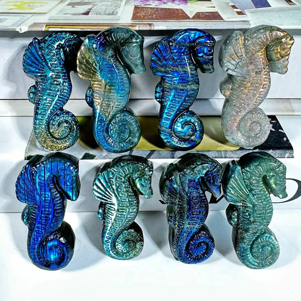 Wholesale Natural Hand Caved Animals Carving Labradorite Seahorse Blue Flash Crystal Crafts For Home Decoration - Fairy healing crystal