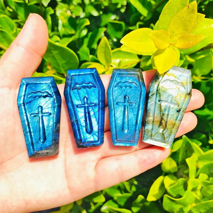 Natural Hand Carved Healing Gemstone Flash Stone Crafts Crystal Labradorite Coffin Halloween Gifts For Decoration Ornament - Fairy healing crystal