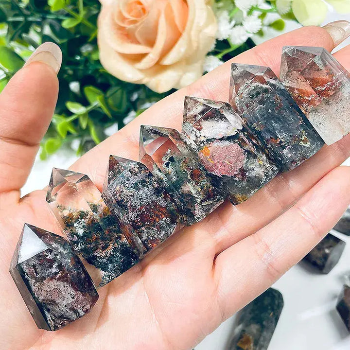 Wholesale Natural Mini Crystal Point Column Beautiful Green & Red Phantom Ghost quartz Crystal Column For Decoration - Fairy healing crystal