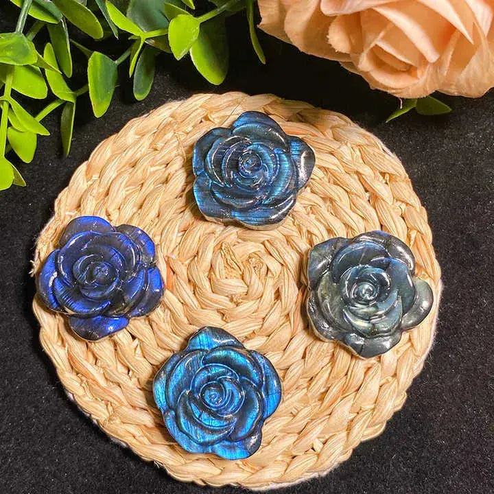 Natural Blue Labradorite Rose Flower Hand Carved Crafts Crystal Flowers Healing Stones Decor Gifts - Fairy healing crystal