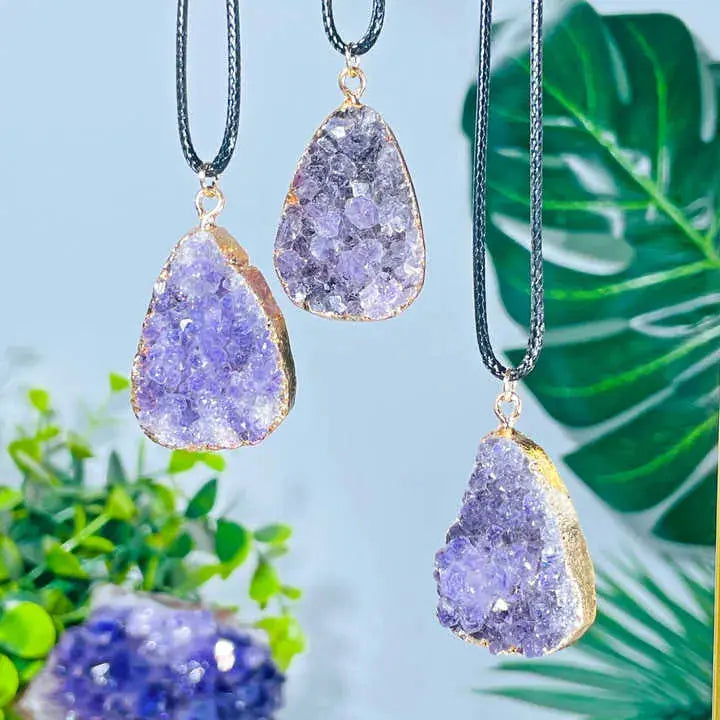 Natural Amethyst Clusters Pendant Silver Golden Color Edged Custom Shape Women Jewelrys Men Necklace for Gift Reiki Stone Fashion - Fairy healing crystal