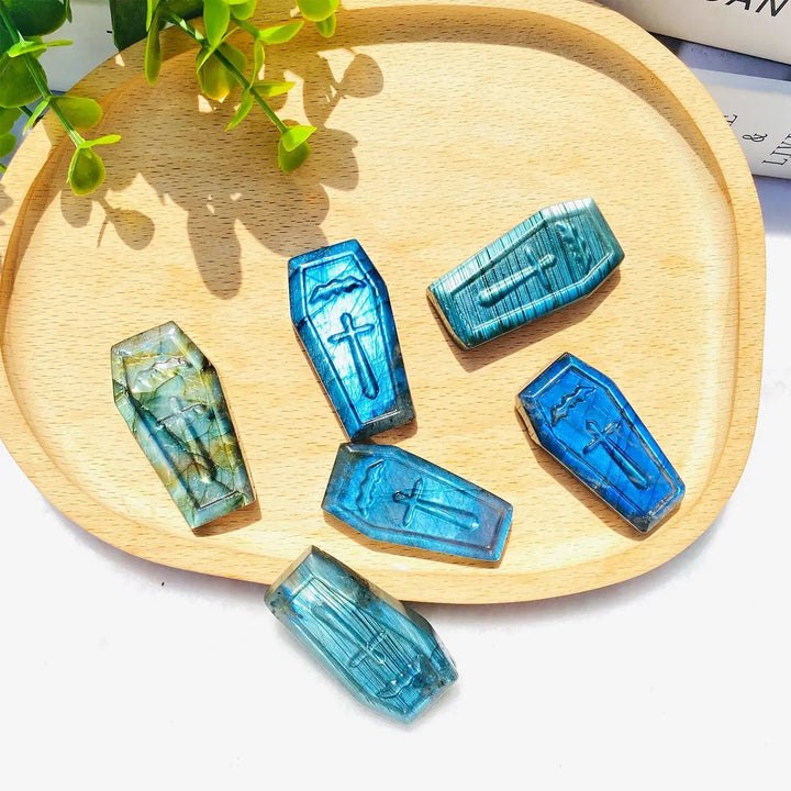 Natural Hand Carved Healing Gemstone Flash Stone Crafts Crystal Labradorite Coffin Halloween Gifts For Decoration Ornament - Fairy healing crystal