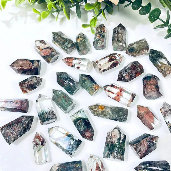 Wholesale Natural Mini Crystal Point Column Beautiful Green & Red Phantom Ghost quartz Crystal Column For Decoration - Fairy healing crystal