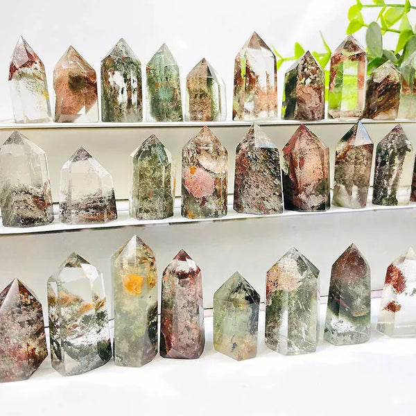 Wholesale Natural Mini Crystal Point Column Beautiful Green & Red Phantom Ghost quartz Crystal Column For Decoration - Fairy healing crystal