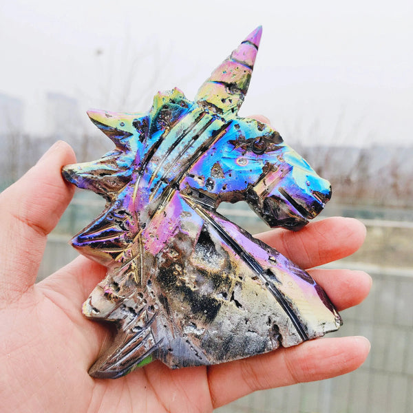 Rainbow Aura Sphalerite Unicorn Carving Crafts