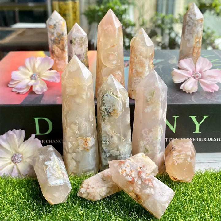 Wholesale Natural Hand Carved Gemstone Crystal Cherry Blossom Agate point Sakura Agate point Hexagonal Prism For Home Decoration Gifts - Fairy healing crystal