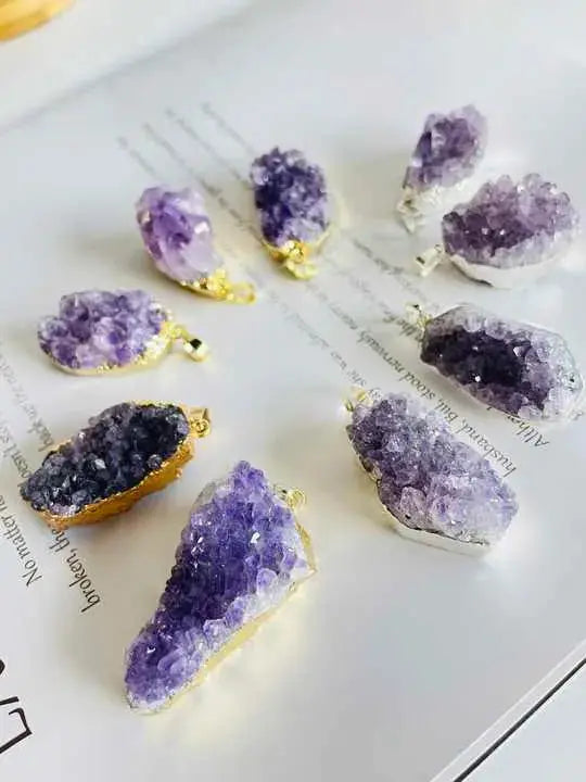 Natural Amethyst Clusters Pendant Silver Golden Color Edged Custom Shape Women Jewelrys Men Necklace for Gift Reiki Stone Fashion - Fairy healing crystal