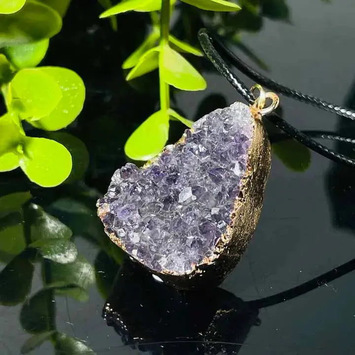 Natural Amethyst Clusters Pendant Silver Golden Color Edged Custom Shape Women Jewelrys Men Necklace for Gift Reiki Stone Fashion - Fairy healing crystal