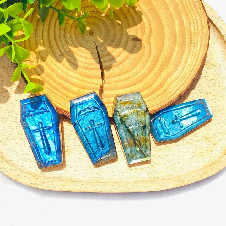 Natural Hand Carved Healing Gemstone Flash Stone Crafts Crystal Labradorite Coffin Halloween Gifts For Decoration Ornament - Fairy healing crystal