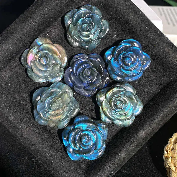 Natural Blue Labradorite Rose Flower Hand Carved Crafts Crystal Flowers Healing Stones Decor Gifts