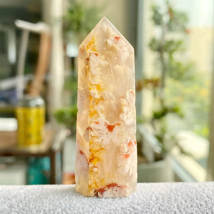 Wholesale Natural Hand Carved Gemstone Crystal Cherry Blossom Agate point Sakura Agate point Hexagonal Prism For Home Decoration Gifts - Fairy healing crystal