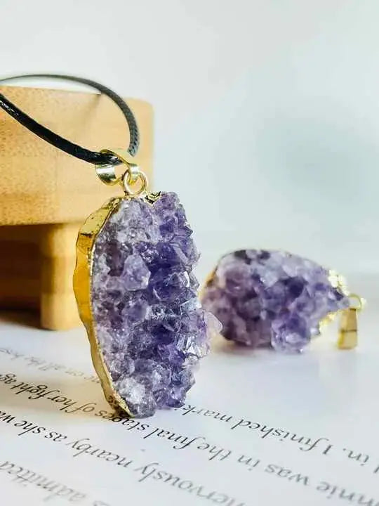 Natural Amethyst Clusters Pendant Silver Golden Color Edged Custom Shape Women Jewelrys Men Necklace for Gift Reiki Stone Fashion - Fairy healing crystal