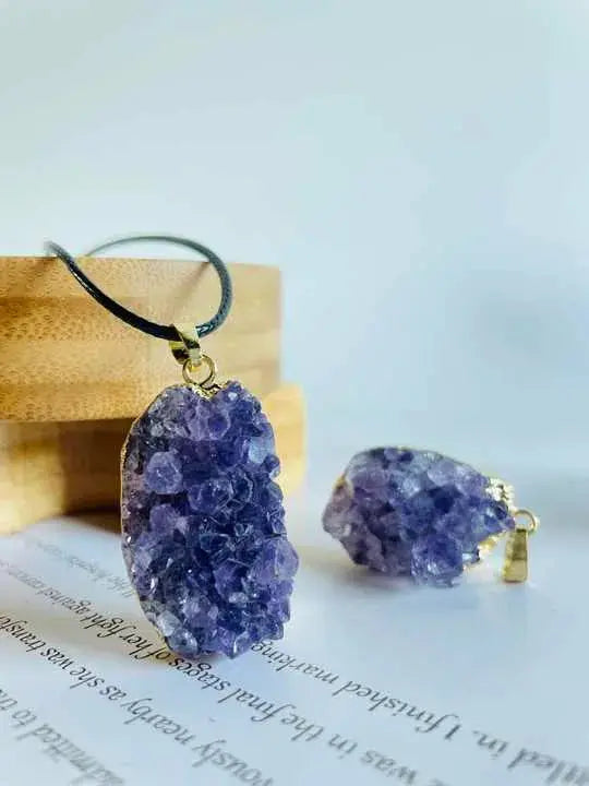 Natural Amethyst Clusters Pendant Silver Golden Color Edged Custom Shape Women Jewelrys Men Necklace for Gift Reiki Stone Fashion - Fairy healing crystal