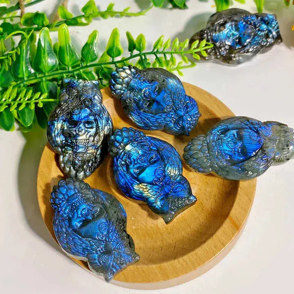 Wholesale And Retail High Quality Natural Labradorite Owl Skull Carving Crafts