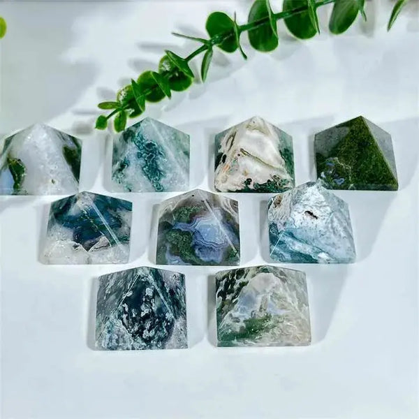 Natural Moss Agate Pyramid Carving Crafts